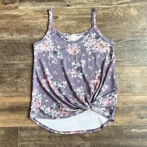 Avery Apparel Floral Waffle Knit Twist Front Detail Tank Top Lavender S